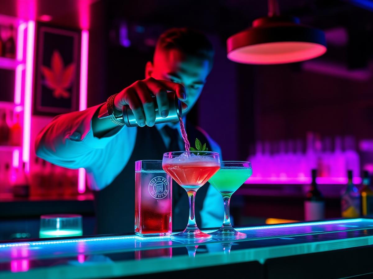 Bartender pouring a cocktail at the neon-lit main bar