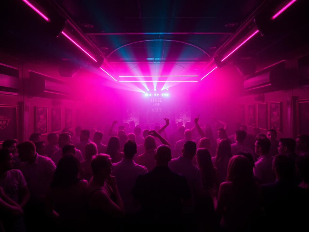 Packed dance floor under magenta and cyan neon lights