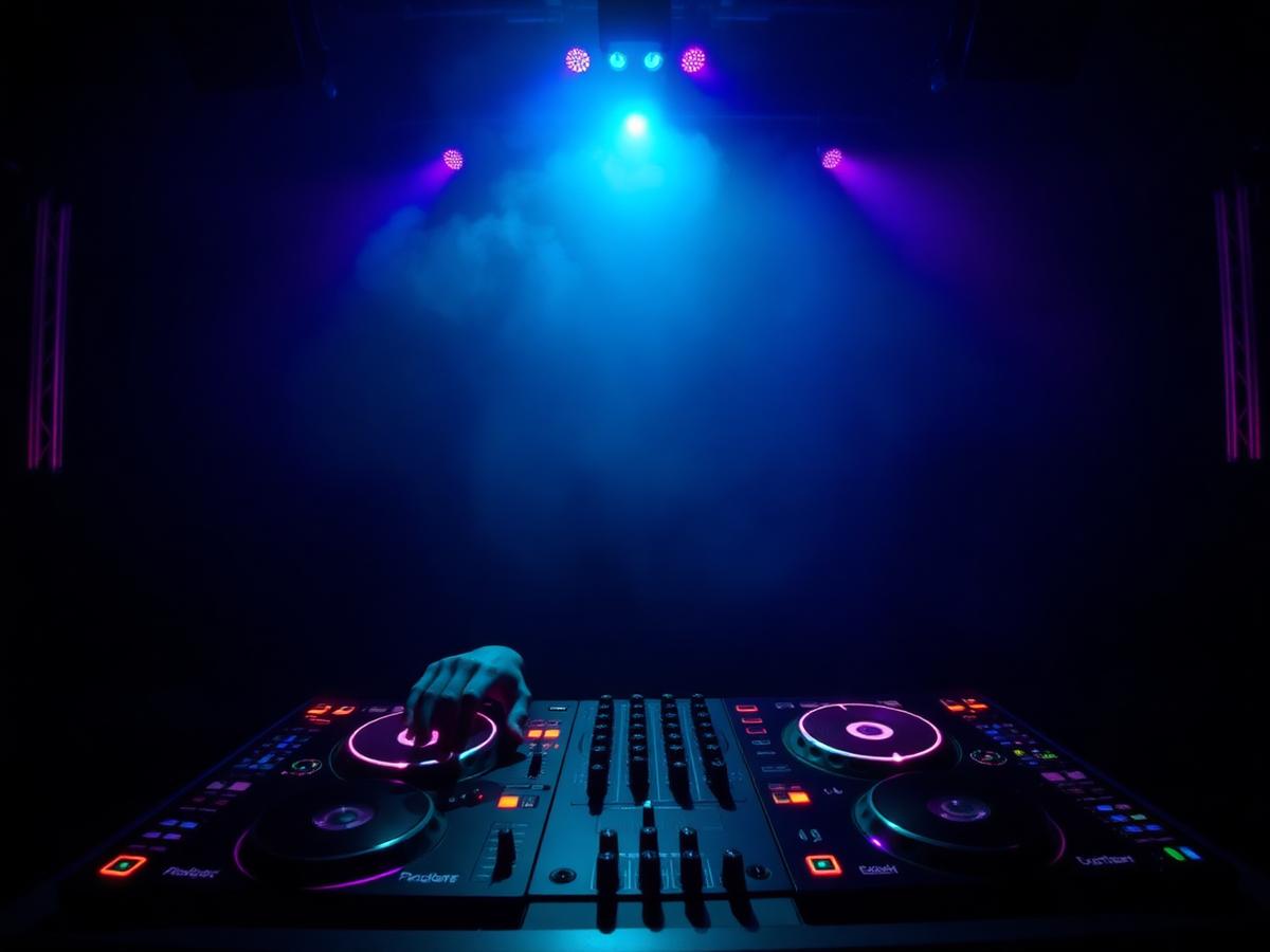 DJ decks glowing in a hazy blue-lit booth