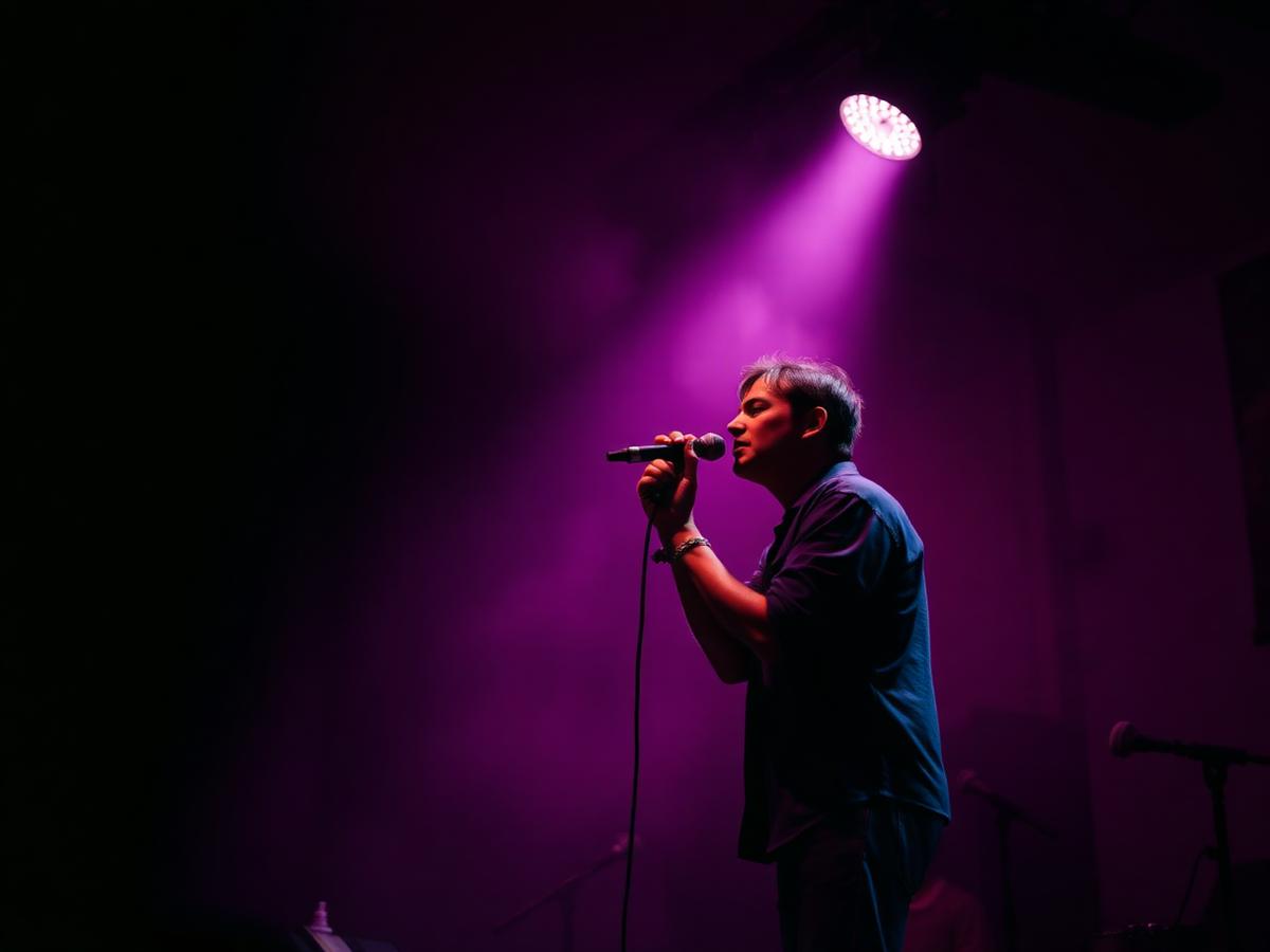 Singer performing on stage under a magenta spotlight