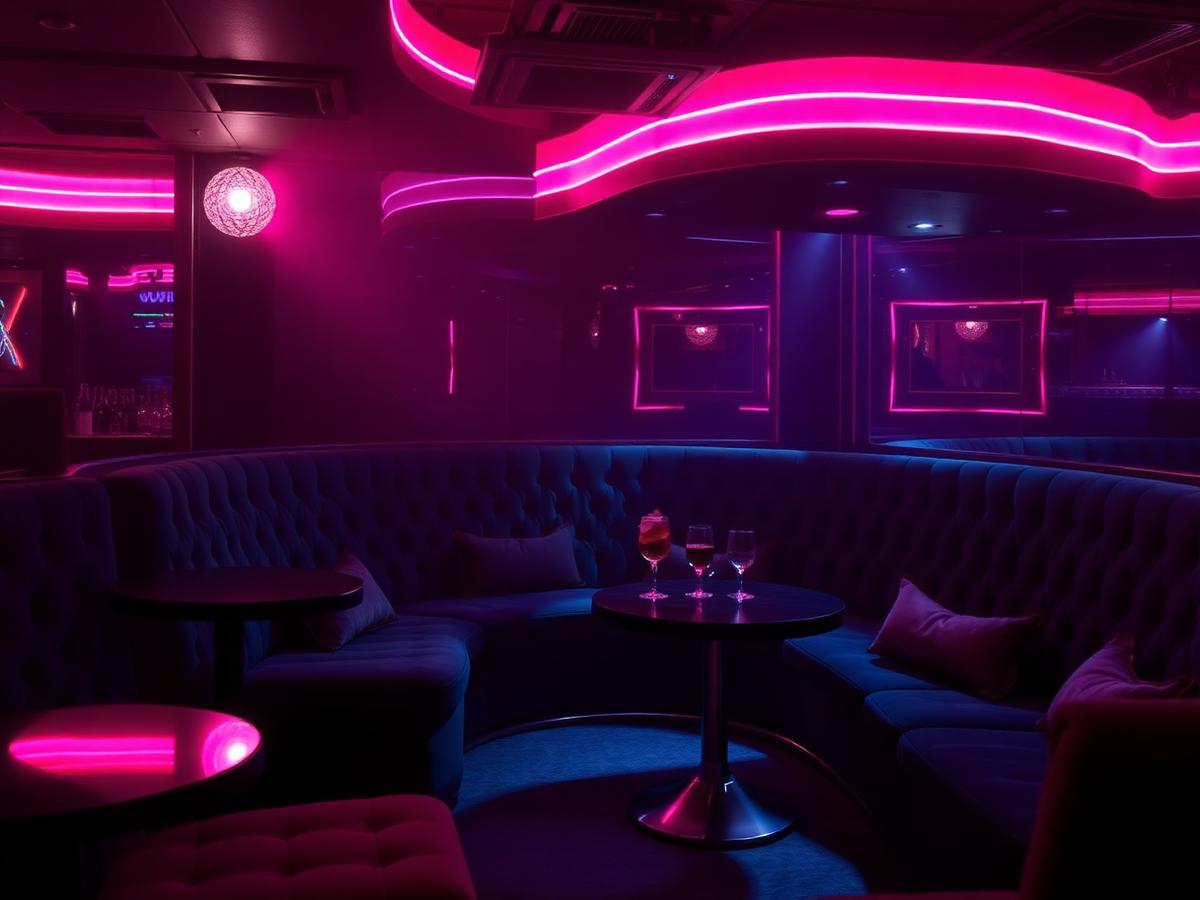 Velvet lounge booths lit by pink neon with drinks on the table