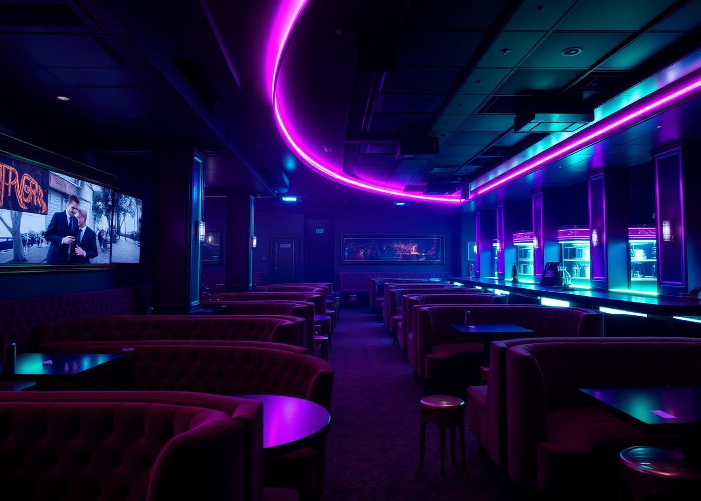 Velvet lounge booths and the main bar under neon lighting
