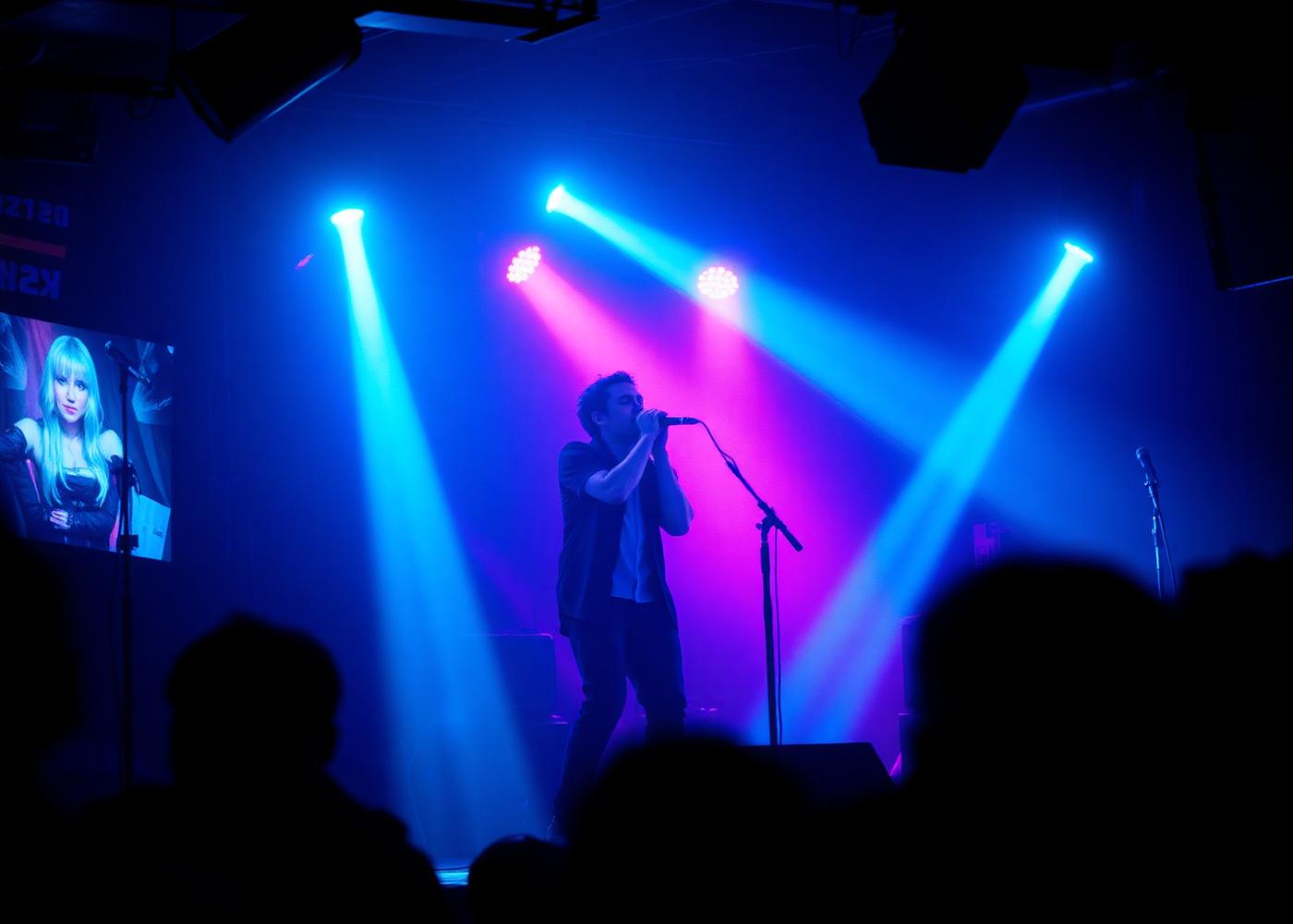 Live performer on stage under blue and magenta lights